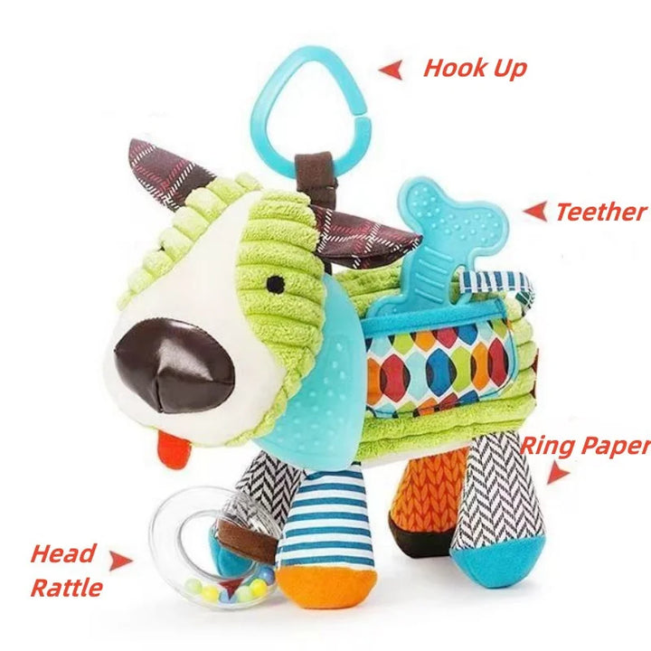 Colorful baby toy with various features labeled on a white background.
