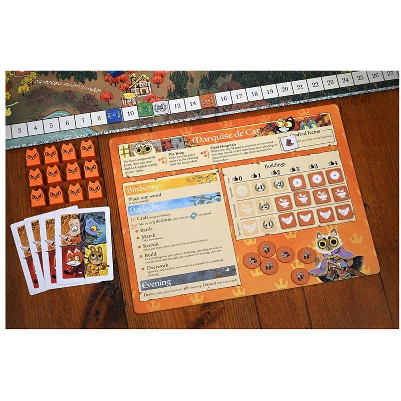 Board game component with character cards and a character sheet on a wooden surface.