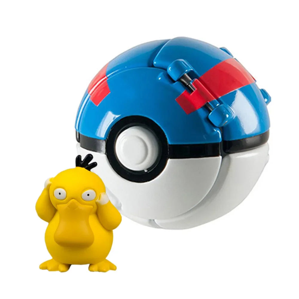 Large Poké Ball with a small yellow creature figure on a white background.