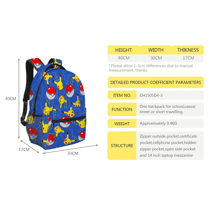 Blue backpack with cartoon character design on a white background, featuring dimensions and product details.
