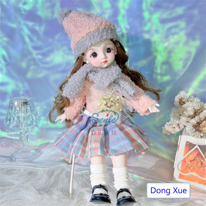Doll wearing a pink outfit with a fluffy hat and scarf against a colorful background.