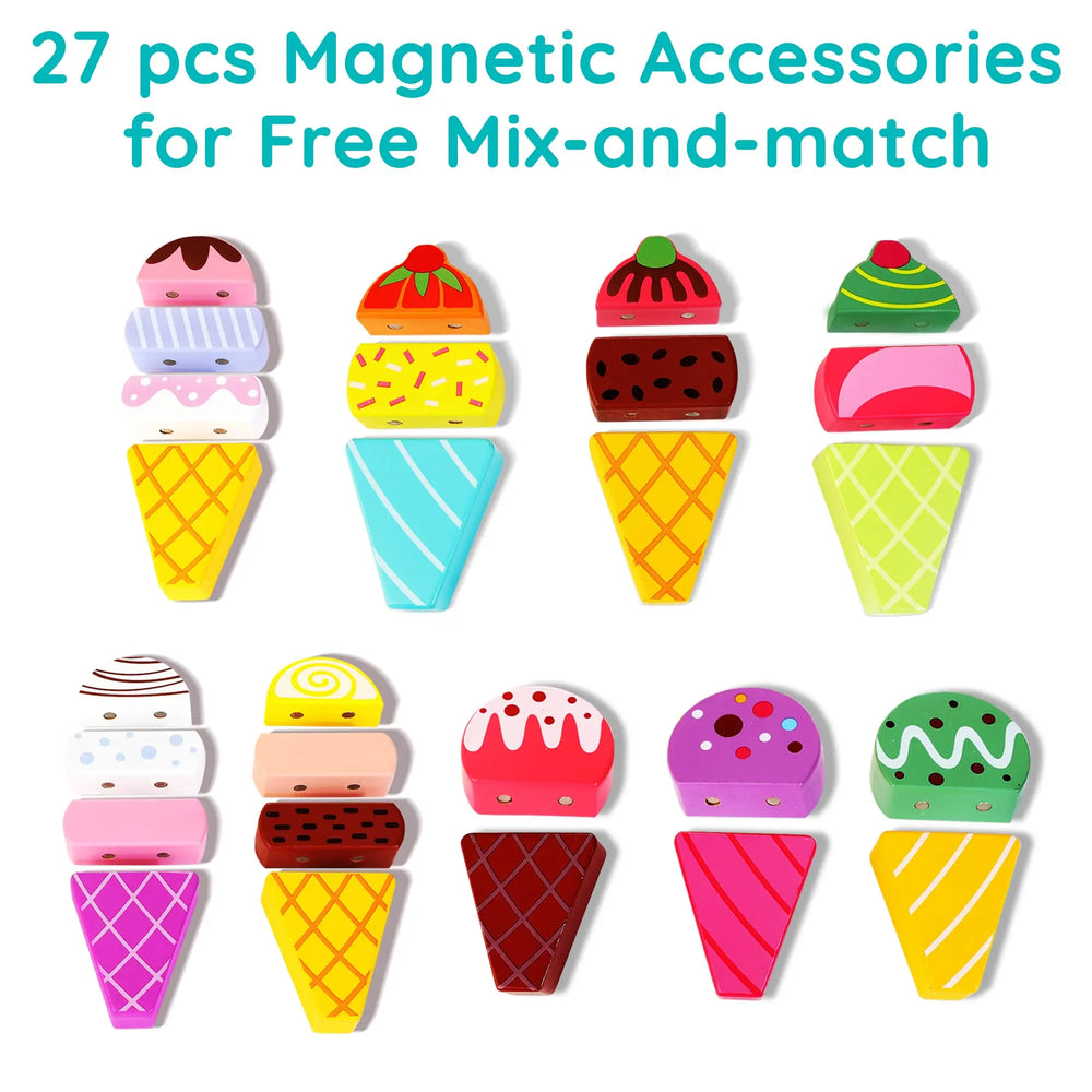 Set of colorful magnetic accessories shaped like ice cream cones and desserts on a white background.