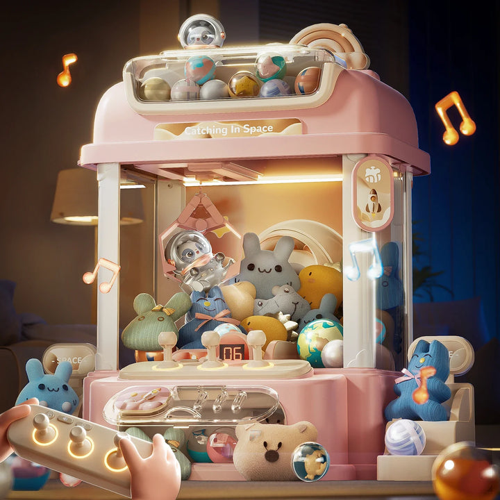 Pink claw machine filled with various toys in a cozy room setting.