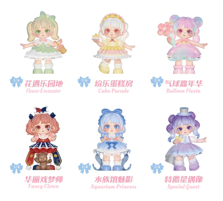 Set of six colorful dolls with different hairstyles and outfits on a white background.
