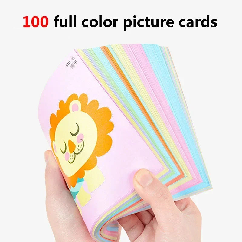 Set of colorful picture cards held by a hand with a lion illustration on one card.