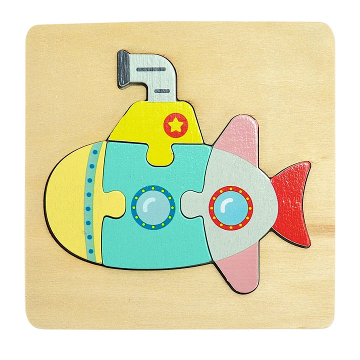 Colorful submarine-shaped wooden puzzle on a beige background.