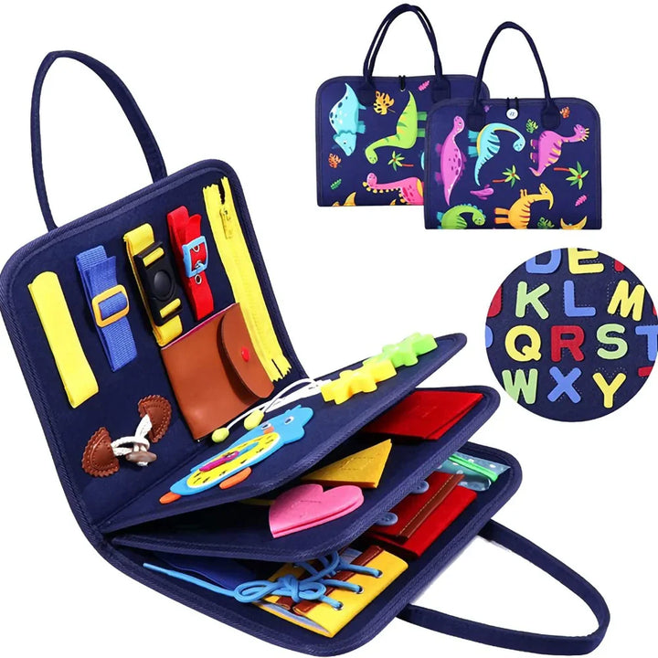 Colorful educational toy with various interactive elements and a small bag with dinosaur pattern.