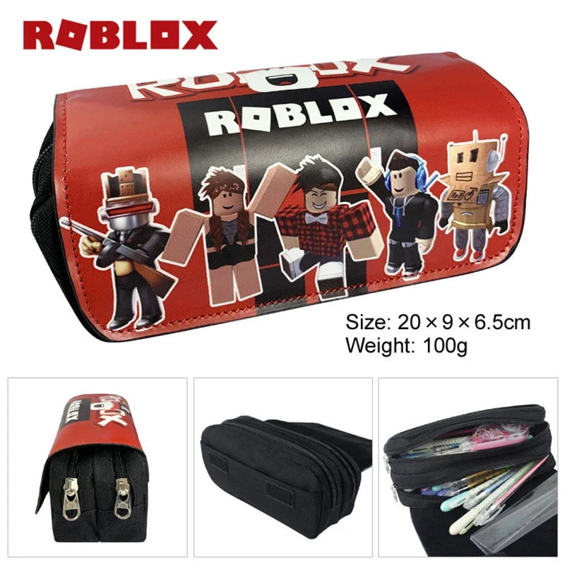 Red pencil case with Roblox characters on a white background.