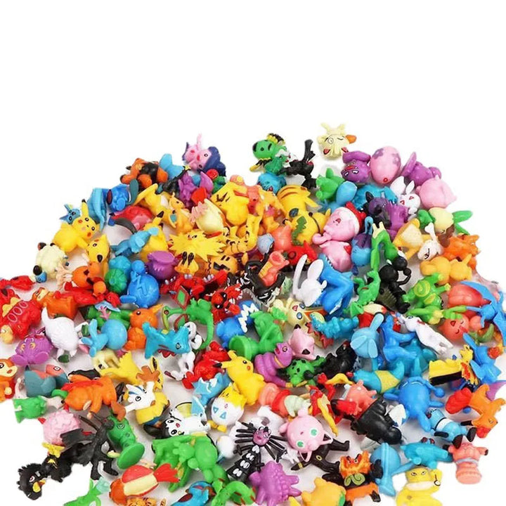 Assorted colorful small figurines on a white background.