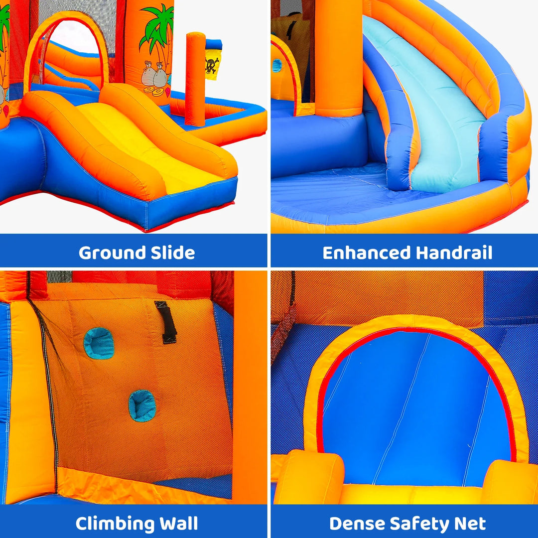 Inflatable playground structure with ground slide, enhanced handrail, climbing wall, and dense safety net.