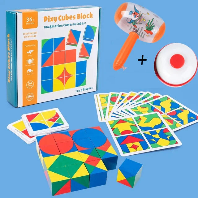 Colorful geometric puzzle blocks with packaging and toys on a blue background.