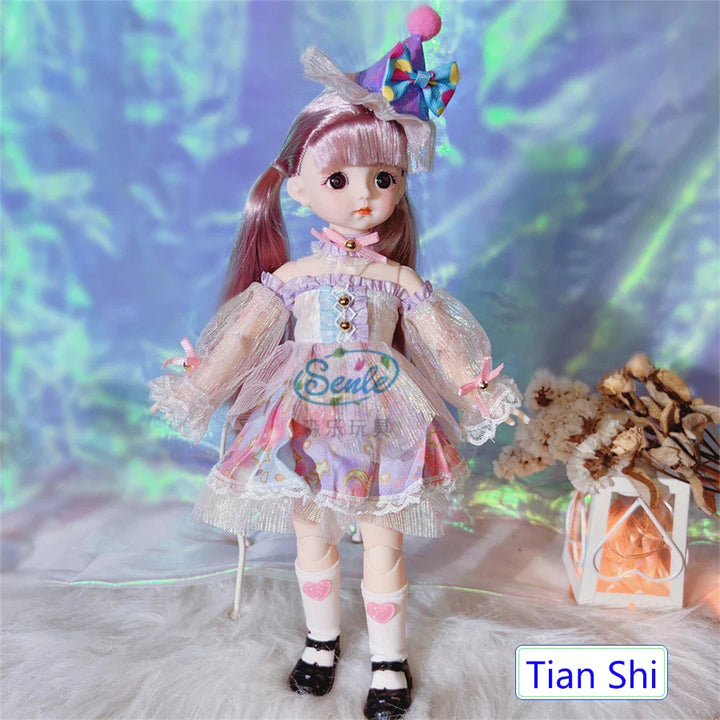 Doll with a colorful outfit and hat against a mystical background.