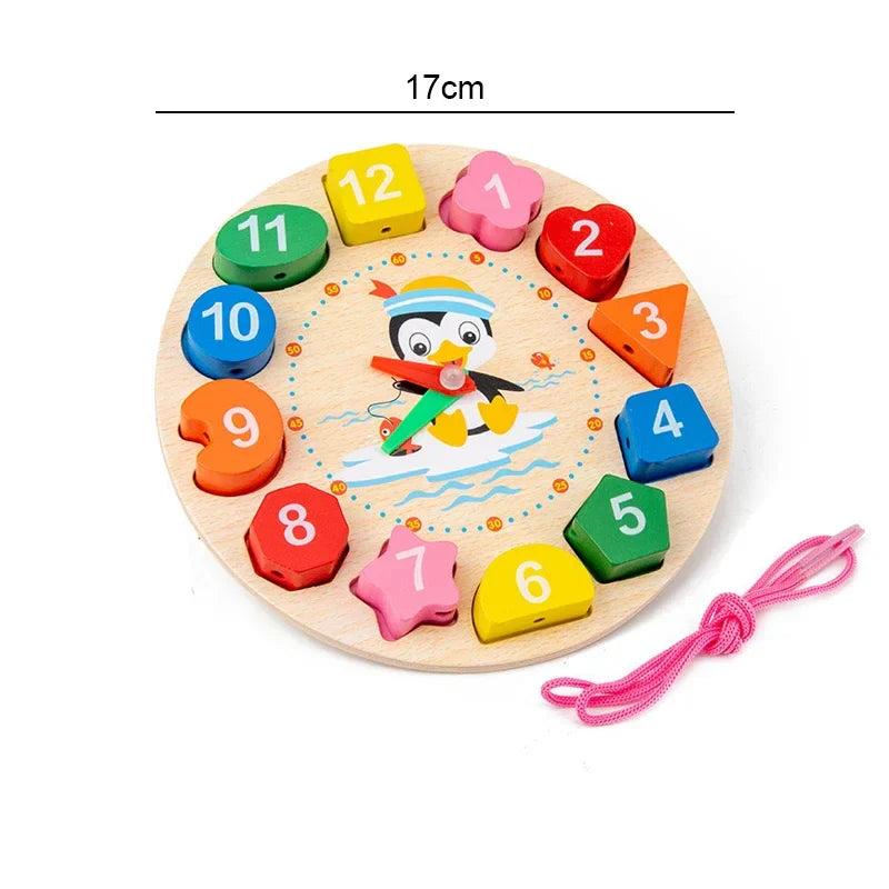 Wooden educational toy with colorful numbers and a penguin design on a white background.
