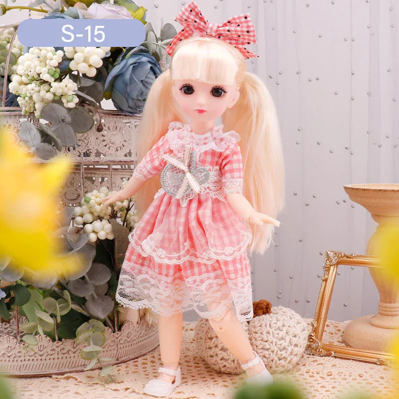 Doll with a pink checkered dress and bow in a decorative setting with flowers and a lamp.
