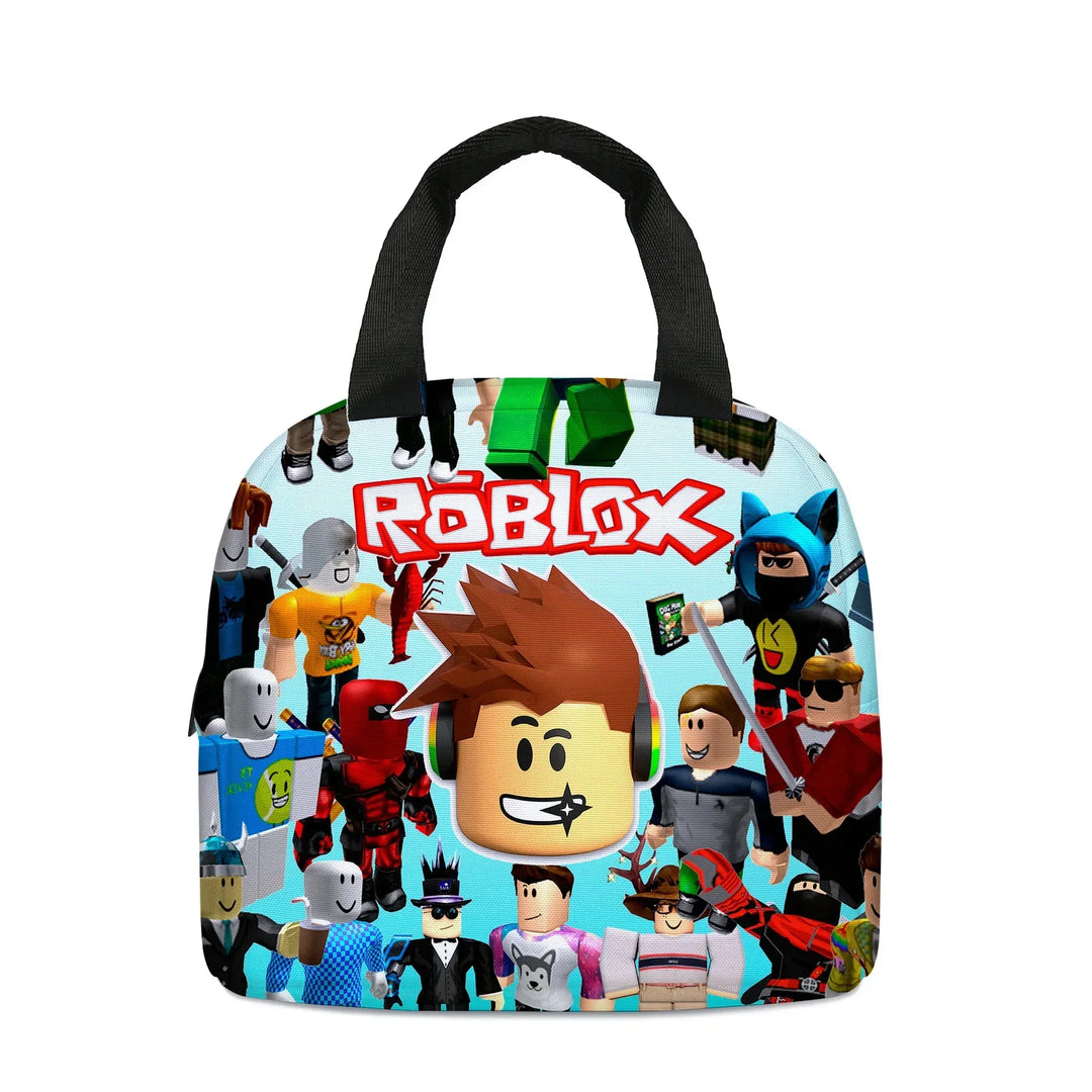 Tote bag with Roblox characters and logo on a white background.