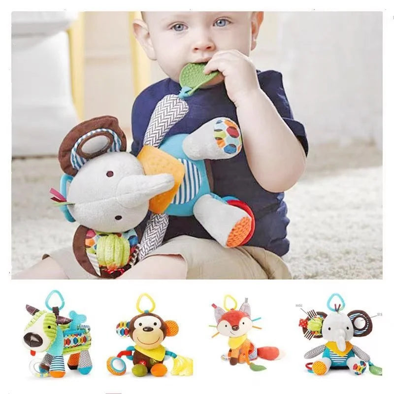 Baby playing with a colorful toy while sitting on a carpeted floor.