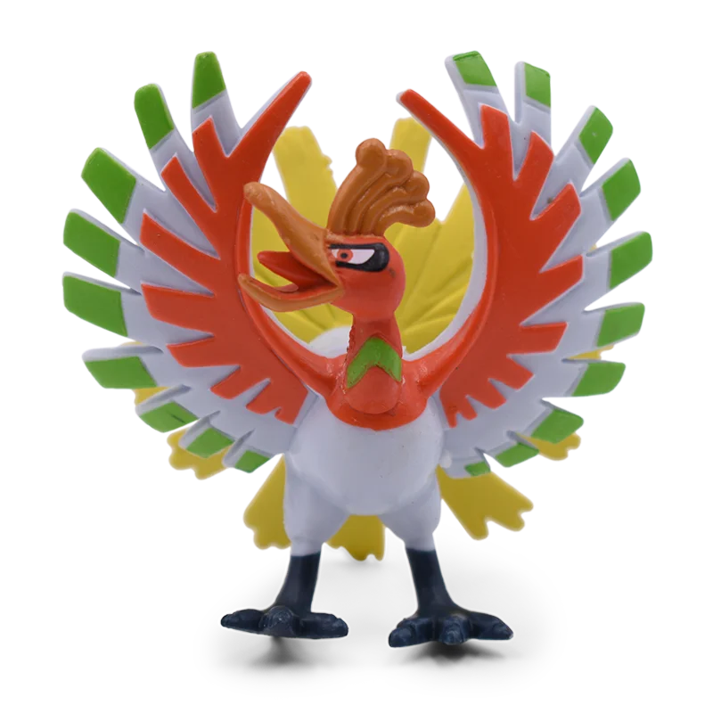 Colorful bird-like figurine with orange, green, and white feathers on a white background.