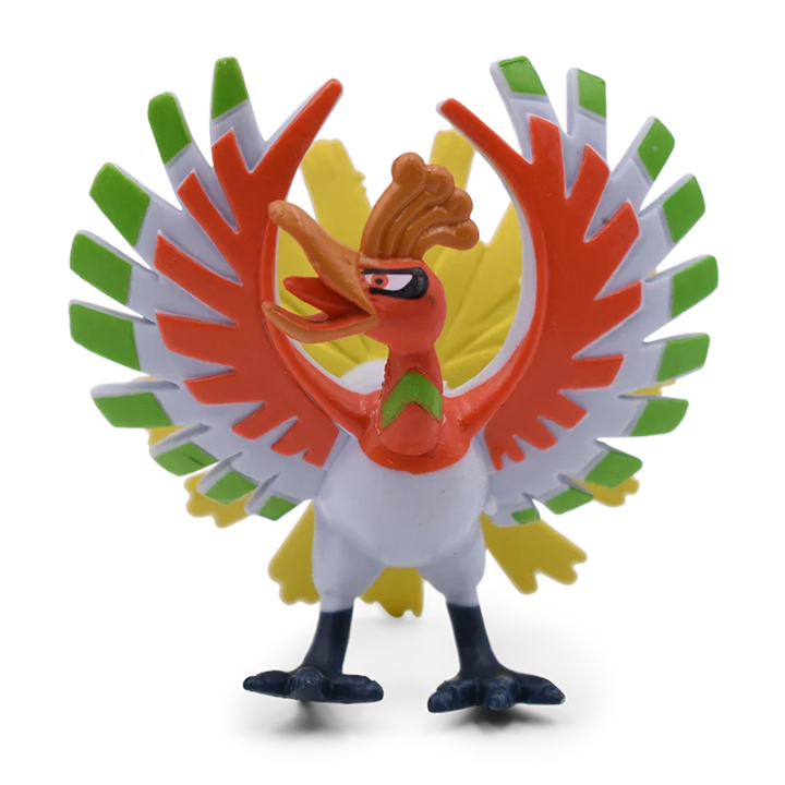 Colorful bird-like figurine with orange, green, and white feathers on a white background.