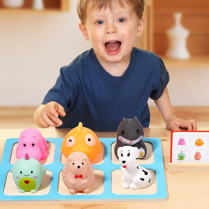 Child playing with a educational toy on a wooden table.
