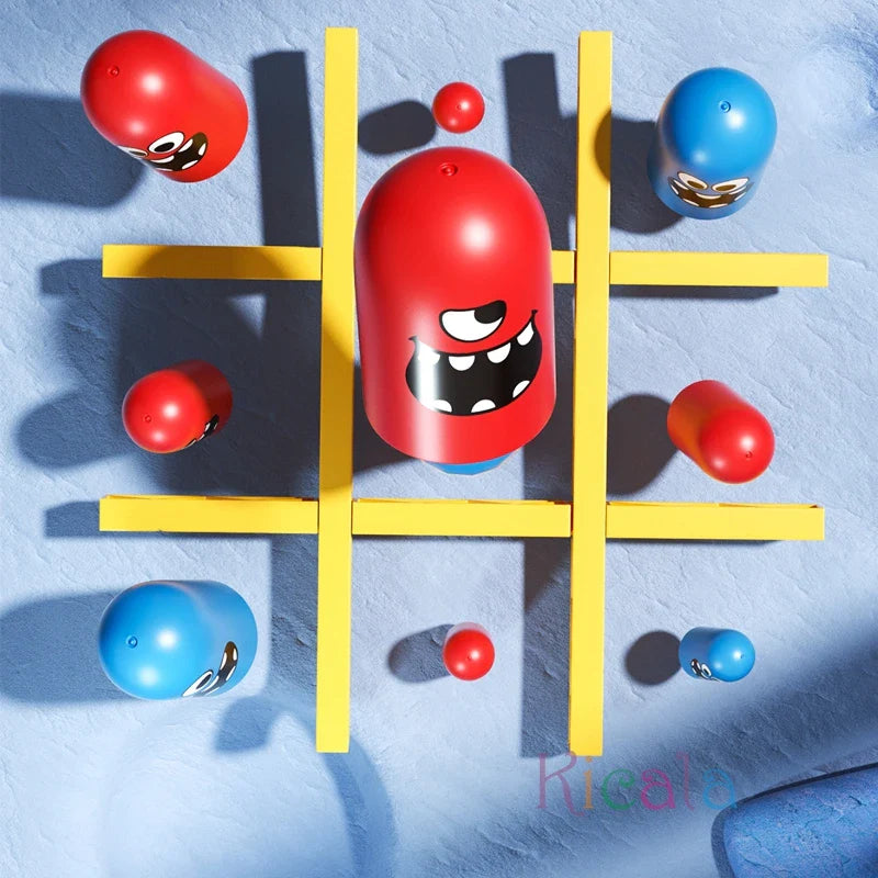 Tic-tac-toe game with red and blue toy figures on a light blue background.
