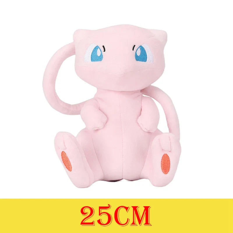 Pink plush toy with blue eyes on a white background.