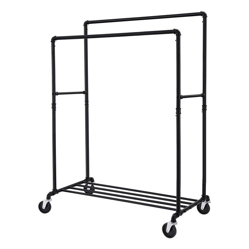 Heavy Duty Rustic Pipe Black Double-Rail Clothes Garment Rack w/Locking Wheels