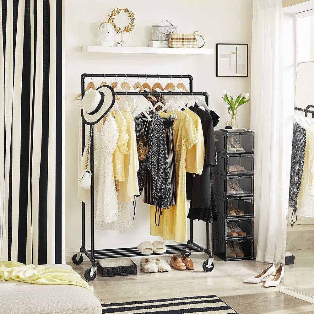 Heavy Duty Rustic Pipe Black Double-Rail Clothes Garment Rack w/Locking Wheels