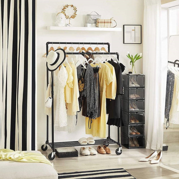 Heavy Duty Rustic Pipe Black Double-Rail Clothes Garment Rack w/Locking Wheels