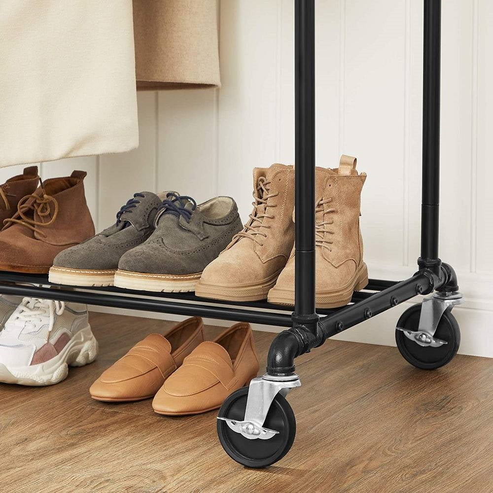 Heavy Duty Rustic Pipe Black Double-Rail Clothes Garment Rack w/Locking Wheels