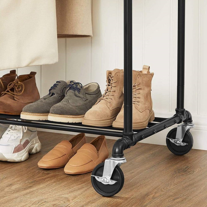 Heavy Duty Rustic Pipe Black Double-Rail Clothes Garment Rack w/Locking Wheels