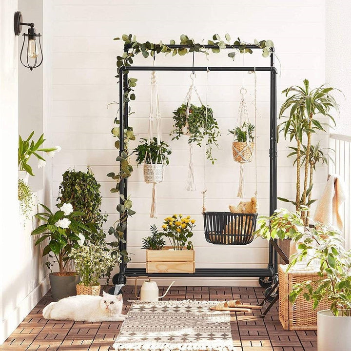 Heavy Duty Rustic Pipe Black Double-Rail Clothes Garment Rack w/Locking Wheels