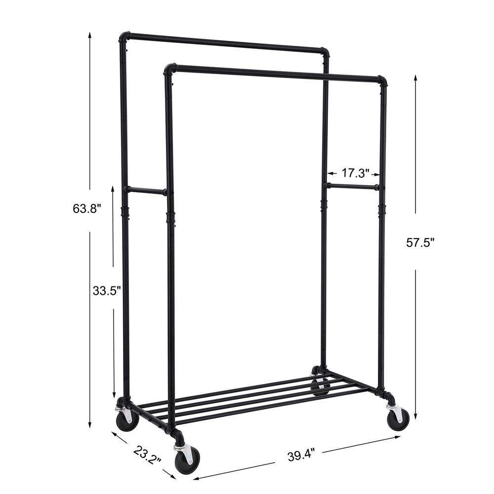 Heavy Duty Rustic Pipe Black Double-Rail Clothes Garment Rack w/Locking Wheels