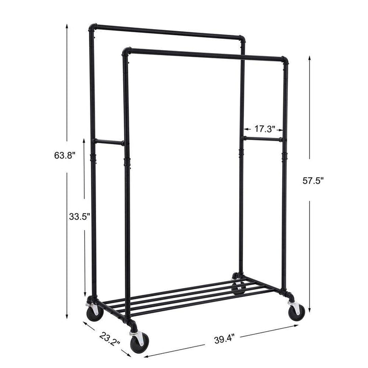 Heavy Duty Rustic Pipe Black Double-Rail Clothes Garment Rack w/Locking Wheels