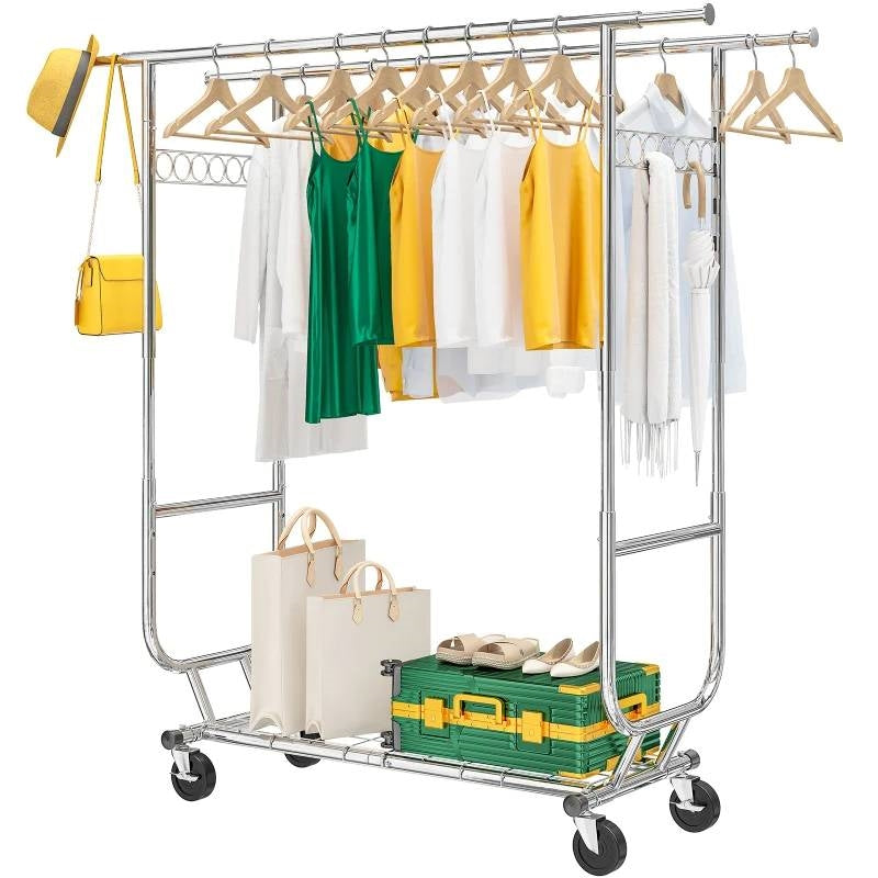 Heavy Duty Double Bar Clothes Garment Rack on Wheels - 600 lbs. Capacity