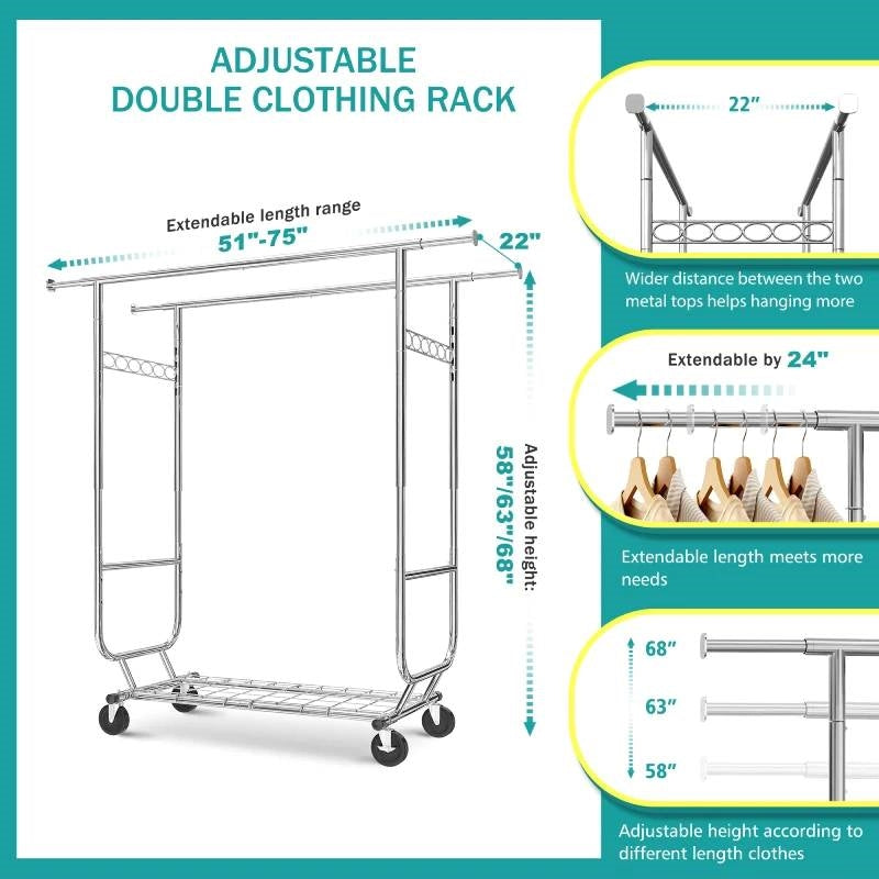 Heavy Duty Double Bar Clothes Garment Rack on Wheels - 600 lbs. Capacity