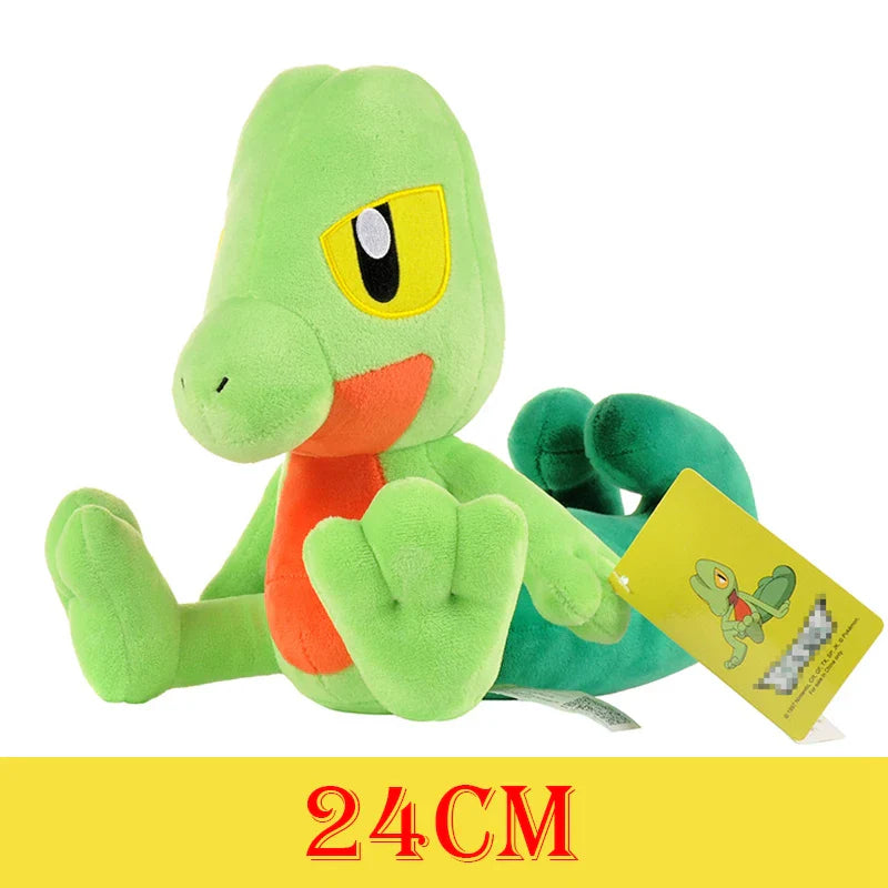 Green plush toy with a tag on a white background.