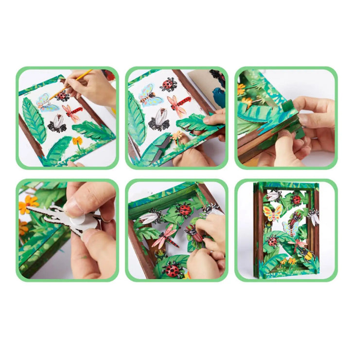 Step-by-step process of creating a decorative item with green leaves and floral elements.