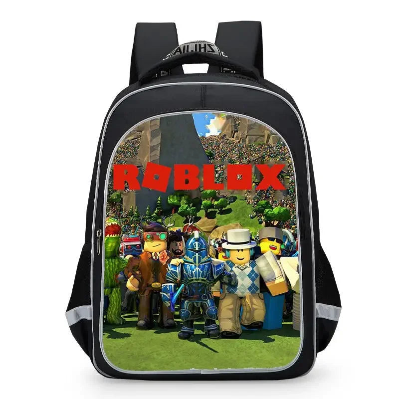 Backpack with Roblox characters and text on a white background.