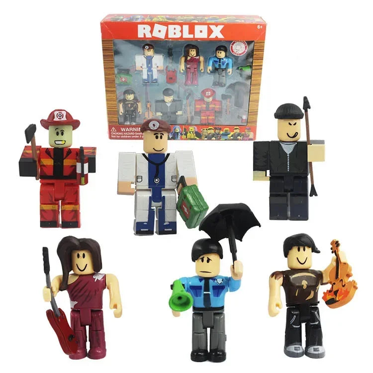 Set of Roblox-themed action figures with a box in the background.