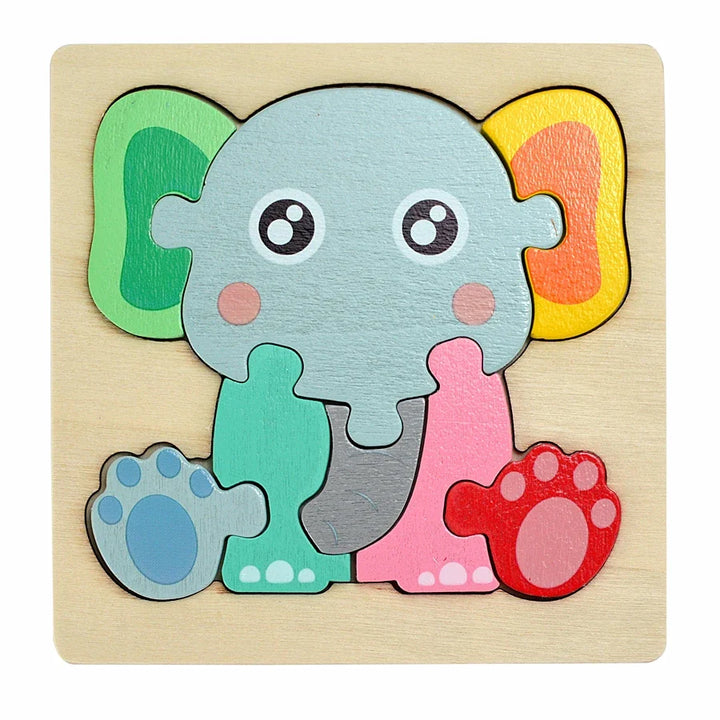 Wooden puzzle shaped like a colorful elephant on a beige background.