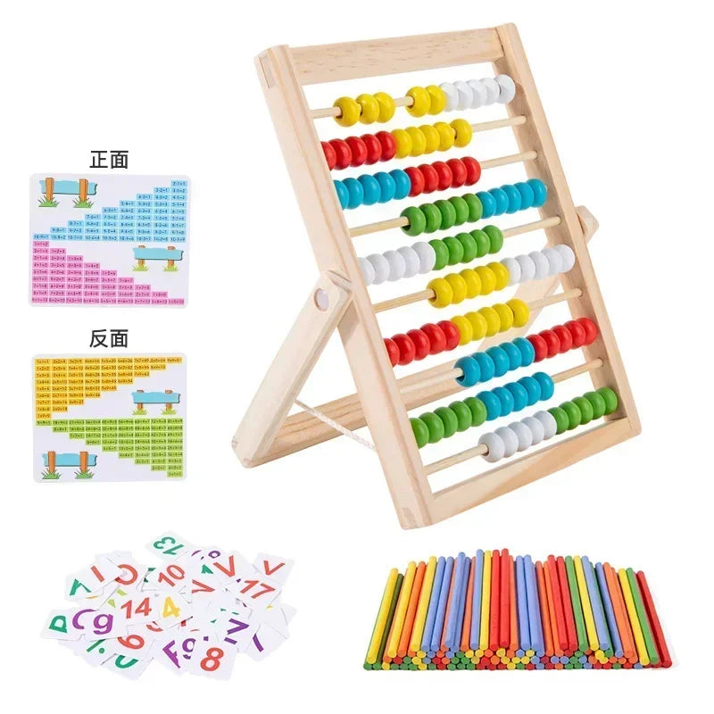 Colorful abacus with educational materials on a white background.