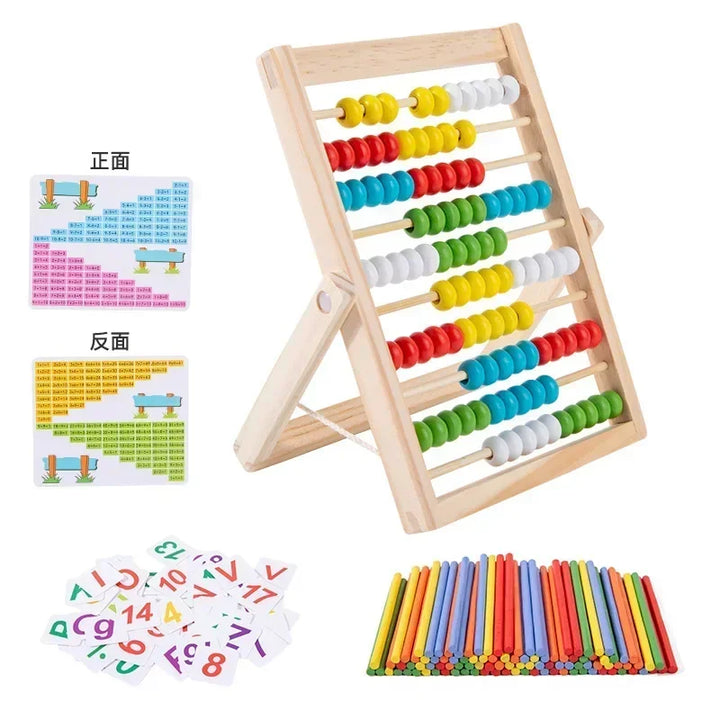 Colorful abacus with educational materials on a white background.