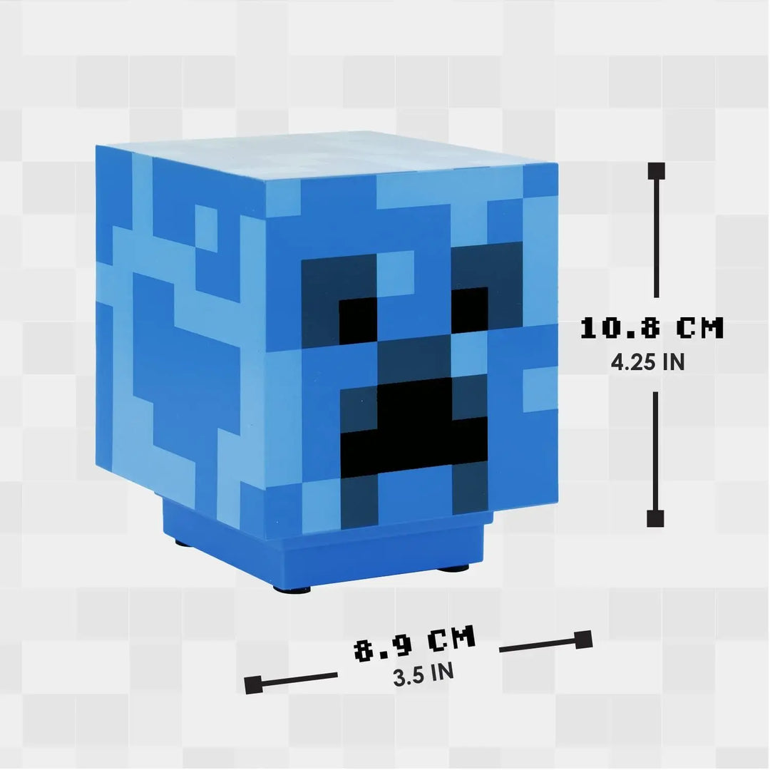 Blue pixelated cube-shaped object with measurements on a white background.