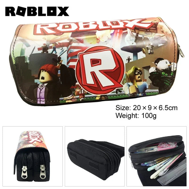 Roblox-themed pencil case with character designs and product details on a white background.
