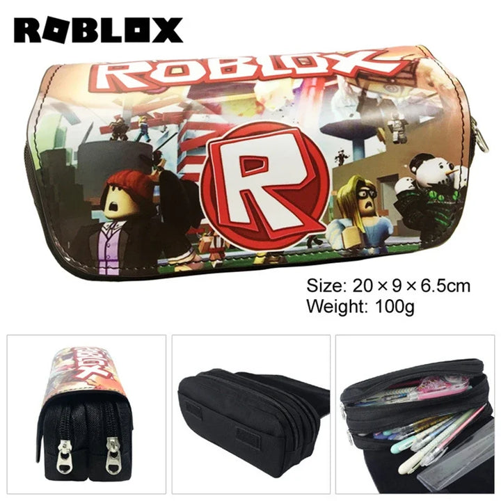 Roblox-themed pencil case with character designs and product details on a white background.