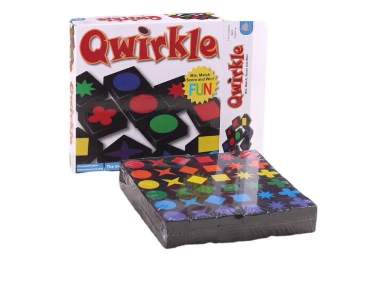 Game set with colorful game pieces and packaging on a white background.