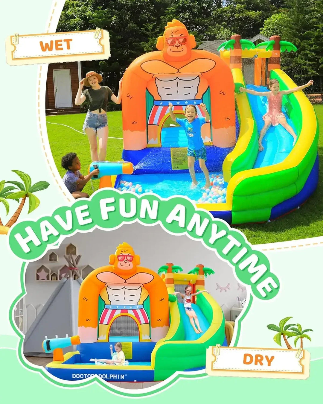 Children playing on a inflatable bounce house with slide in a grassy area.