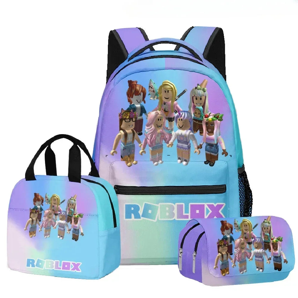 Backpack, lunch bag, and pencil case with Roblox character design on a white background.