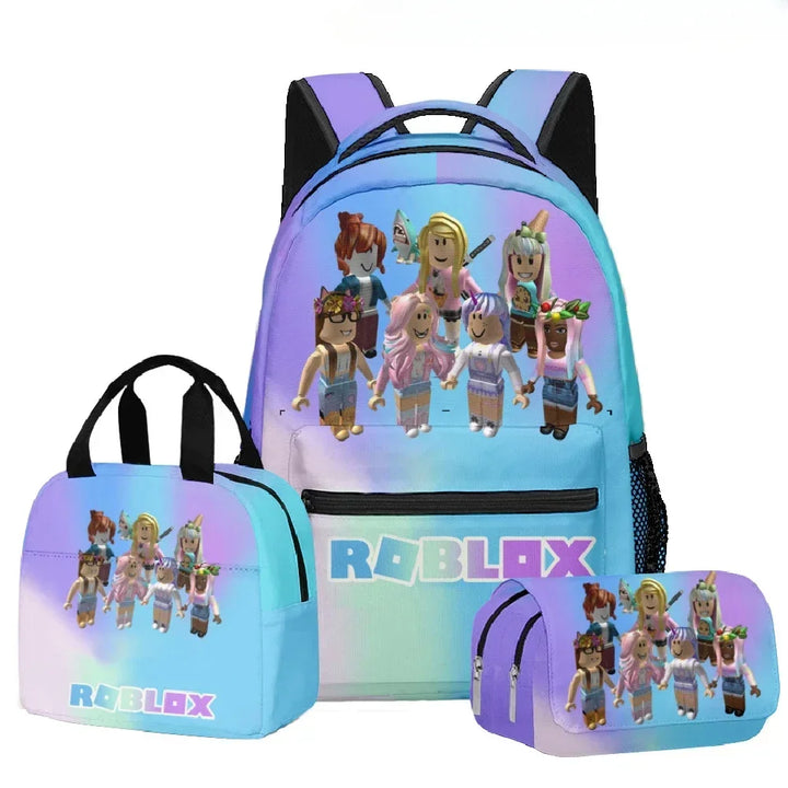Backpack, lunch bag, and pencil case with Roblox character design on a white background.