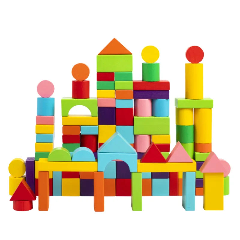 Colorful wooden building blocks on a white background.